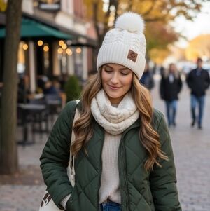 Cozy Cream Knit Pom-Pom Beanie Turtletneck Infinity Scarve